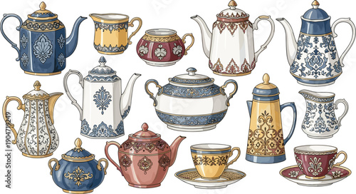Traditional Arabic and Islamic Ornate Teapot and Teacup Collection Illustration, Vintage Middle Eastern Coffee and Tea Set Design