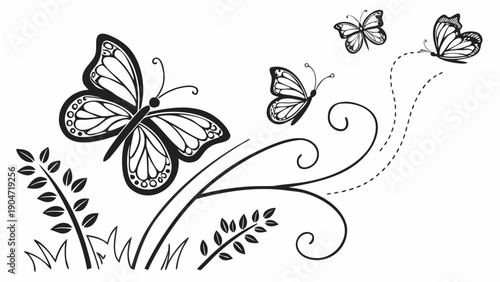 Black and white line art illustration of butterflies flying over swirling plant stems and leaves.
