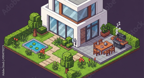 Modern Isometric House with Lush Garden and Swimming Pool.