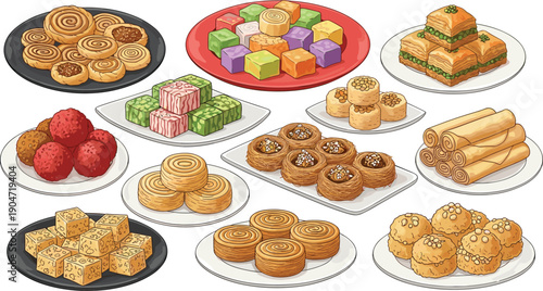 Traditional Middle Eastern and Islamic Sweets Assortment Illustration for Ramadan Iftar, Eid Mubarak Desserts, Arabic Bakery Food Collection