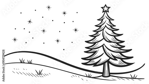 Simple black and white line drawing of a decorated christmas tree on a snowy hill under a starry sky.