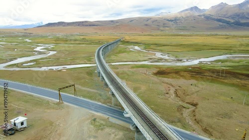 Aerial View of Qinghai-Tibet Railway Bridge on Tibetan Plateau, China