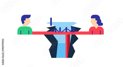 Overcoming Conflict: People Bridging a Deep Communication Gap. Flat vector design symbolizing separation and reconciliation.