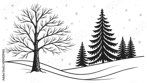 A hand drawn winter landscape featuring a leafless tree and pine trees in the snow