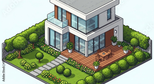 Modern Isometric House with Lush Green Garden and Deck.
