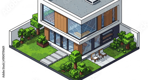 Modern Isometric House with Lush Green Garden and Outdoor Seating Area.