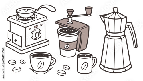 Hand drawn vintage coffee equipment collection including moka pot and manual grinders
