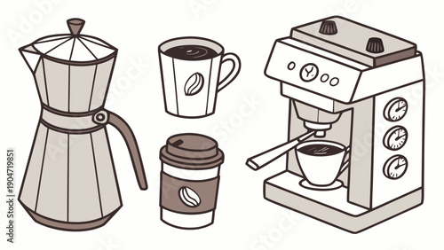 Illustration of various coffee brewing equipment including a moka pot and espresso machine.
