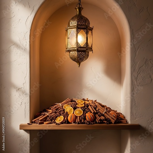 Wallpaper Mural Bunch of cinnamon sticks and dried orange slices on wooden shelf under hanging lantern Torontodigital.ca