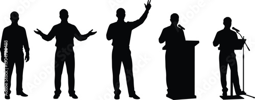 Public speaker silhouettes, men giving speeches with microphones and podium, presentation gestures, leadership communication concept, isolated black illustration