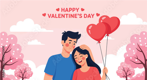 Happy Valentine's Day Banner with Romantic Couple Holding Heart Balloons. Cute Man and Woman Hugging in Pink Park. Love Greeting Card Illustration with Clouds.