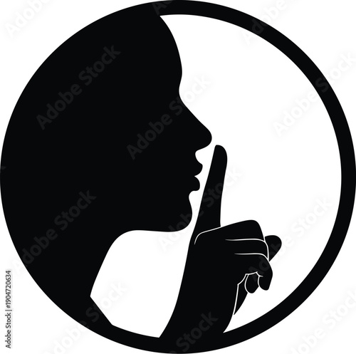 Silence gesture icon woman silhouette, shh finger sign, quiet symbol for privacy, secrecy, library rule, black and white vector illustration