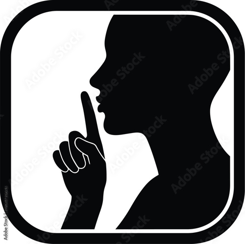Silence gesture icon silhouette, shh finger sign inside rounded square, quiet symbol for privacy, secrecy, library rule, black vector illustration