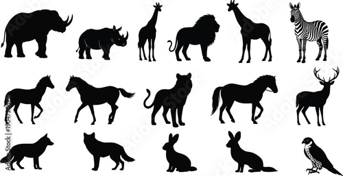 Collection of animal silhouettes featuring mammals and bird