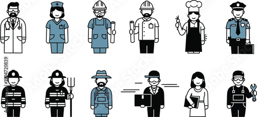 Various occupations illustrated in simple cartoon style