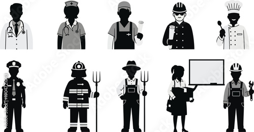 Occupational silhouettes of various professions