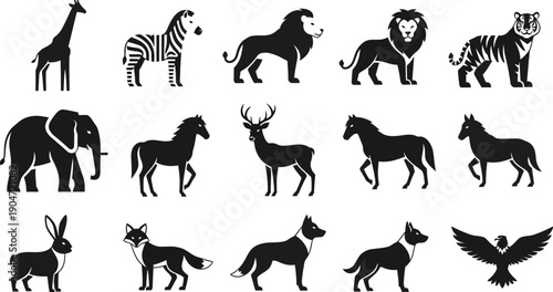 Collection of 13 black silhouettes of various wild animals