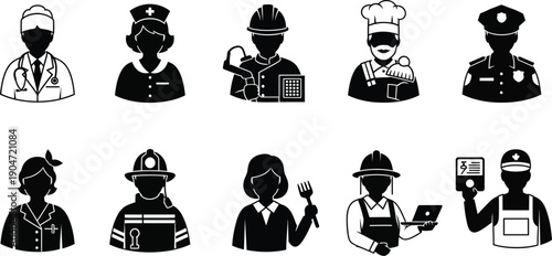 Silhouette icons of various professionals in uniform and protective gear