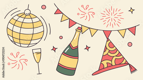 Hand drawn celebration doodle with disco ball champagne bottle and party hat