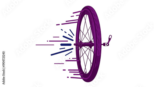 Dynamic Bicycle Wheel Vector Illustration. Fast Cycling Concept with Purple Speed Lines, Motion Blur, and Quick Release Hub Mechanism.