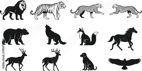 Collection of black and white animal silhouettes