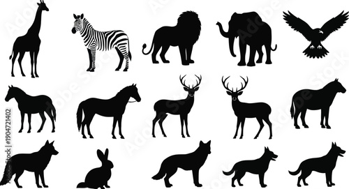 Silhouettes of various wild animals on a white background