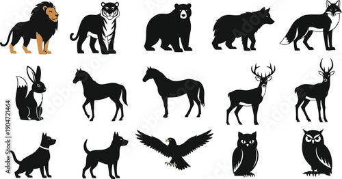 Collection of animal silhouettes featuring mammals and birds