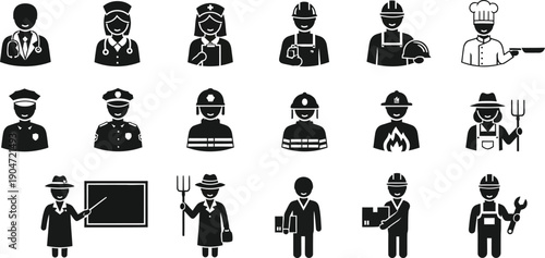 Collection of various professional occupation icons in black and white