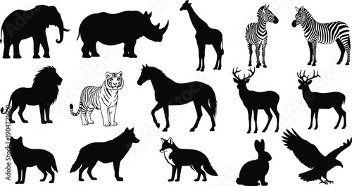 Collection of black silhouettes of various wild animals