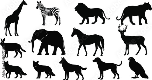 Silhouettes of various african animals