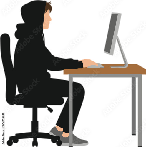 Hacker Working on Computer Vector Illustration Showing Hooded Programmer Typing at Desktop in Dark Silhouette Style for Cyber Security and Technology Design