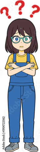 Confused Girl Cartoon Vector Illustration with Question Marks Showing Uncertainty Doubt and Thinking Emotion in Cute Flat Style for Education and Emotion Design