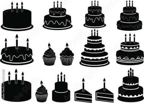 Birthday cake silhouettes set with candles cupcakes and sliced cakes black bakery dessert vector illustration