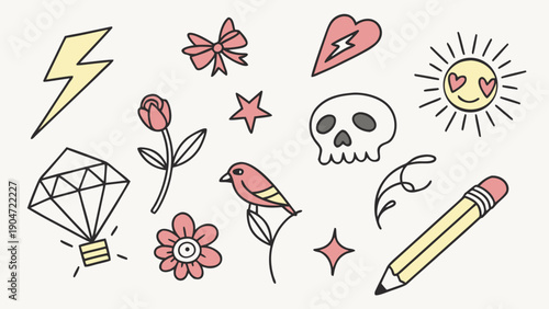 Set of hand drawn doodles with lightning bolt skull rose and sun icons in pink and yellow colors