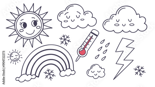 Hand drawn doodle set of cute weather icons like sun clouds rainbow lightning and thermometer.
