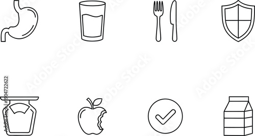A collection of simple line icons representing healthy eating and digestive wellness