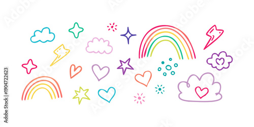 A delightful assortment of colorful clouds, rainbows, and hearts floating in a clear sky Vector