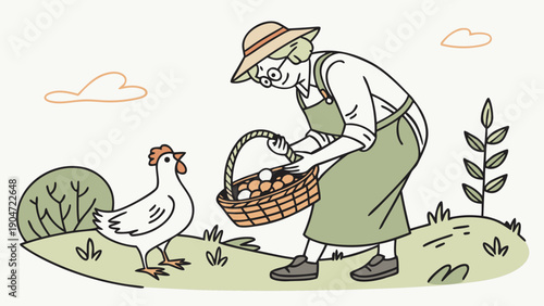 Elderly woman gathering fresh eggs in a basket on a farm with a white hen nearby
