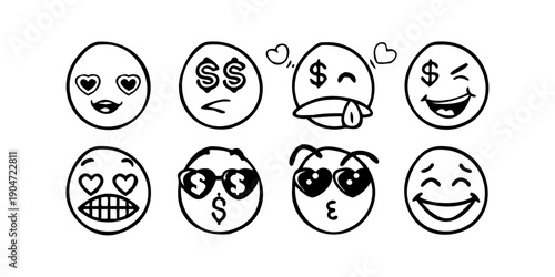 Eight expressive emoticons showcasing a range of emotions and facial expressions Vector
