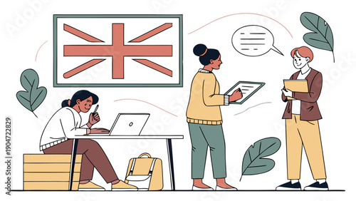 Diverse group of people studying and practicing english in a collaborative environment.