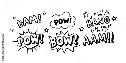 A dynamic display of various comic book sound effect words in bold, black lettering. Vector