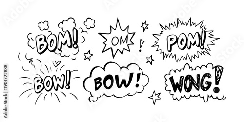 A vibrant display of various comic book sound effect words in bold, dynamic fonts. Vector