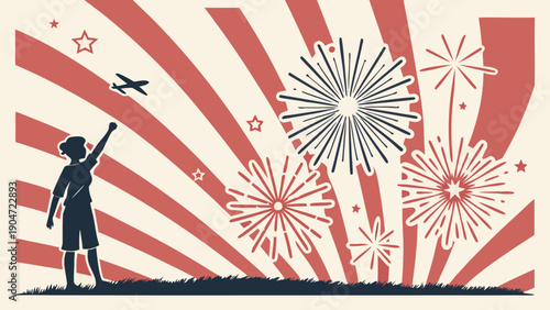 Retro style fourth of july background with child silhouette, fireworks, and patriotic sunburst rays