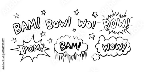 A collection of comic book sound effect words in speech bubbles Vector