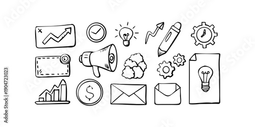 A collection of diverse icons representing various aspects of business and communication. Vector
