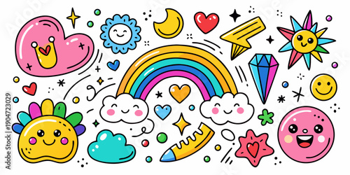 A vibrant and colorful illustration featuring a variety of cute animals and objects Vector