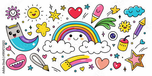 Colorful illustration featuring a variety of abstract shapes and objects Vector