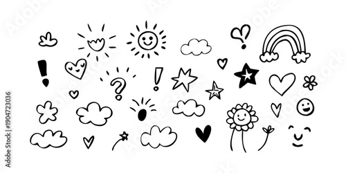 A delightful collection of hand-drawn weather and nature symbols Vector