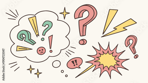 Hand drawn colorful punctuation marks and symbols expressing confusion frustration and anger