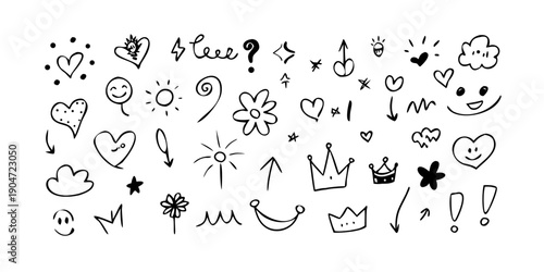A delightful collection of doodles featuring hearts, flowers, and playful symbols. Vector